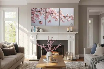 Cozy living room with two beige sofas, a wooden coffee table, and a large cherry blossom artwork above a white fireplace