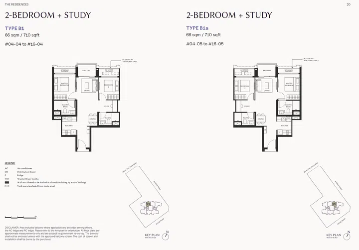 The Serra Residences (2 Moulmein Road) Type B1 and B1a (710 sqft) floor plans.