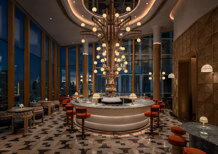 Main bar area of the rooftop Mediterranean restaurant, Piscari, in the Andaz One Bangkok.