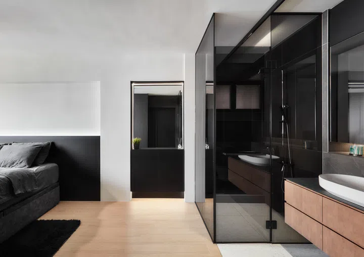 The Master Bedroom and Master Bathroom with its tinted glass panel shower. Image by Third Avenue Studios.