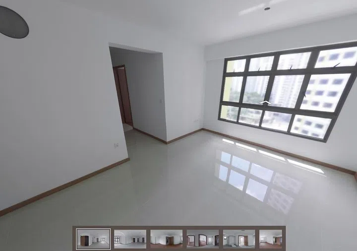 Virtual tour of the living room in a 3 room BTO flat in Clementi Peaks HDB BTO. Screengrab from HDB.