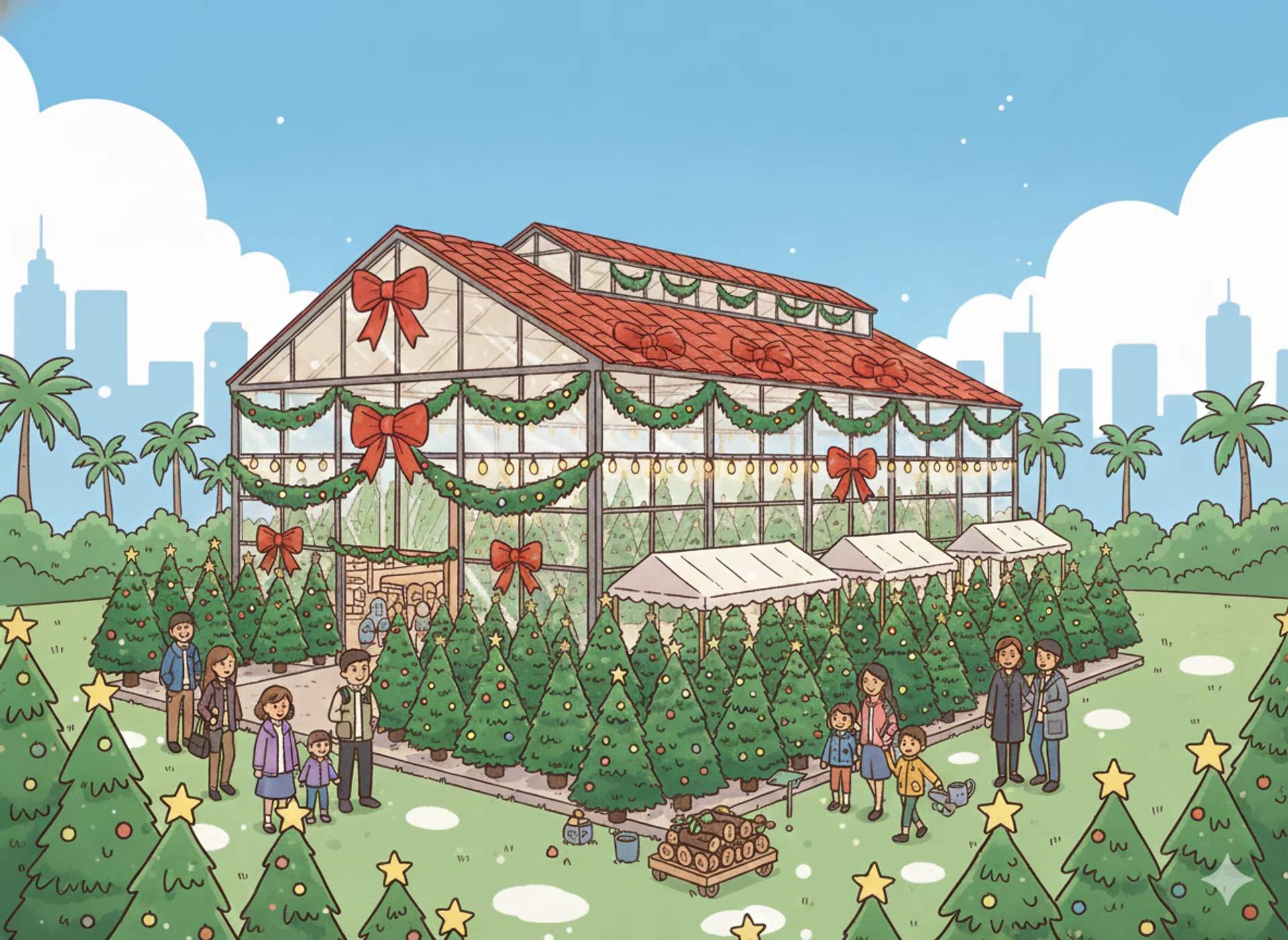 A cartoon drawing of a Christmas tree market at a nursery.