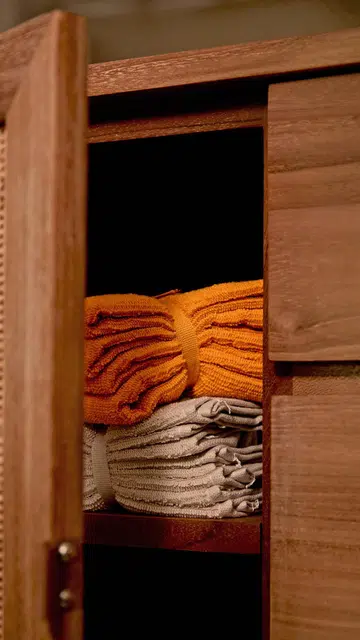 Washcloth, 4 pieces, from Ikea. Folk high sideboard, Premium solid raw teak wood and rattan, from Mountain Living.