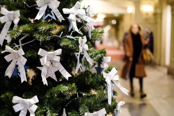 Image of decorated Christmas tree with balls and beads, close-up