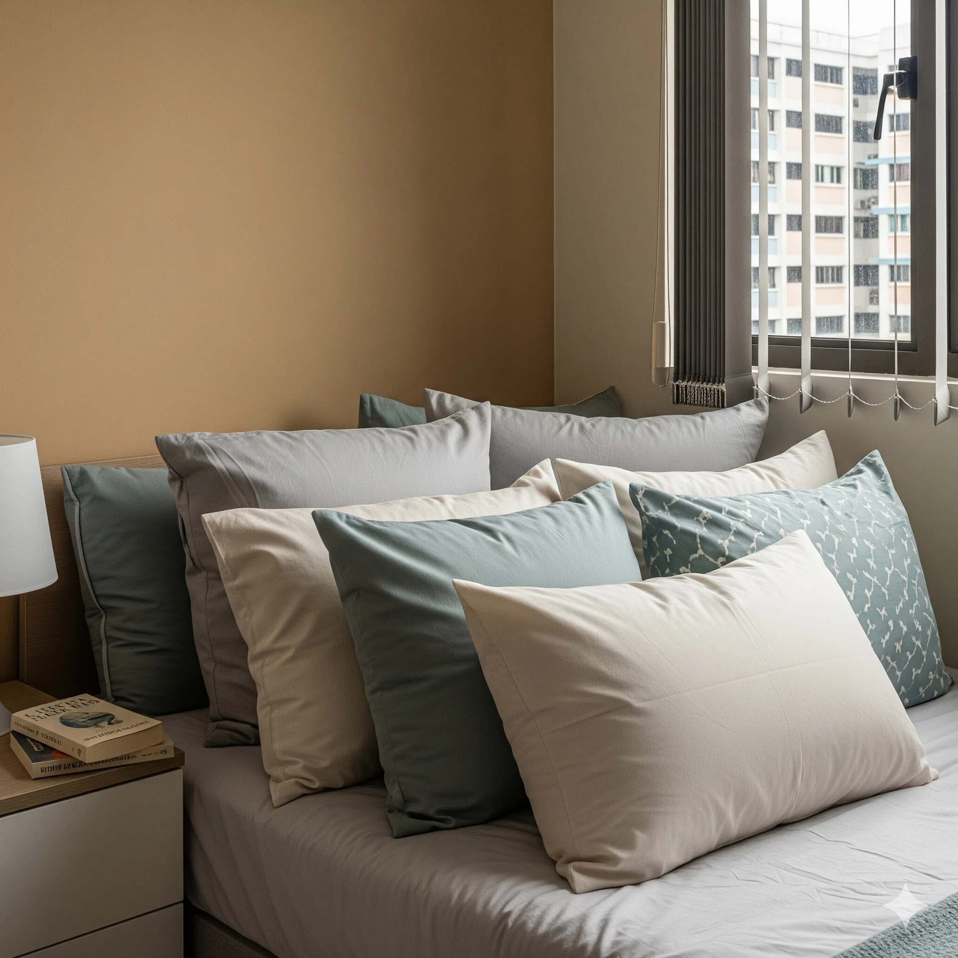 Pillows on a bed in a HDB bedroom.
