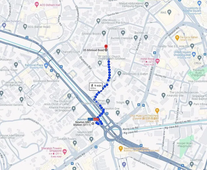 35 Gilstead road condo is a 10 minute walk from Newton MRT Station. Screengrab from Google Maps