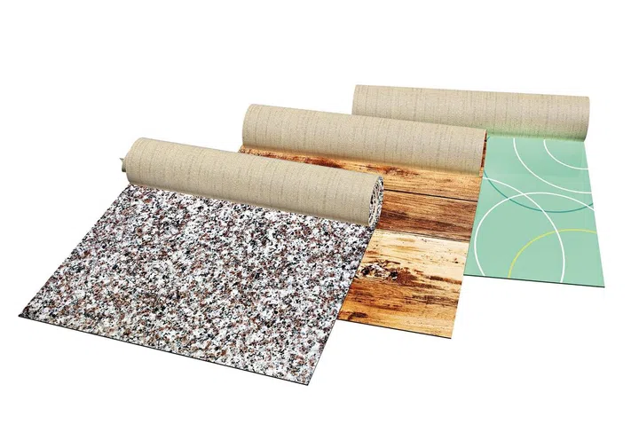 New linoleum of different colors with wood, granite and abstract texture. Isolated on white background. 3d render