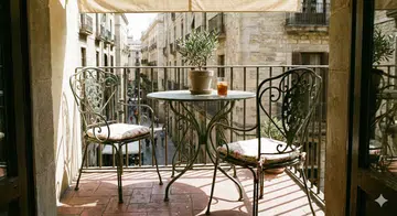 An mage of metal outdoor chairs and tables in a balcony.