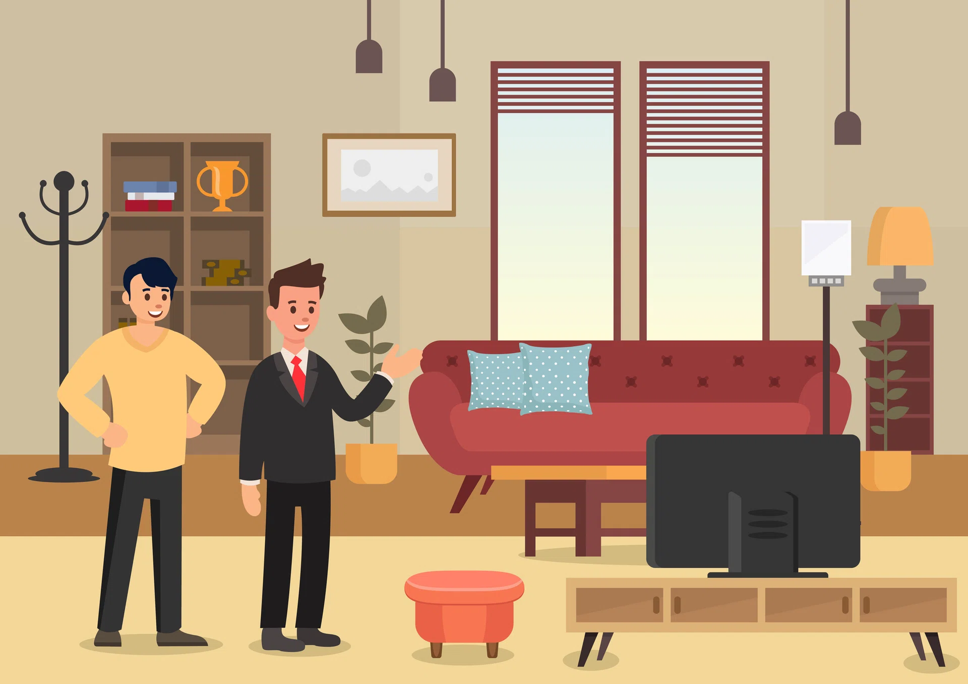 Demonstration Apartments. Business Real Estate Agency Concept. Broker, Selling Home and New Property. Buying House Set. Agent Offers Apartment to Man. Vector Flat Illustration.