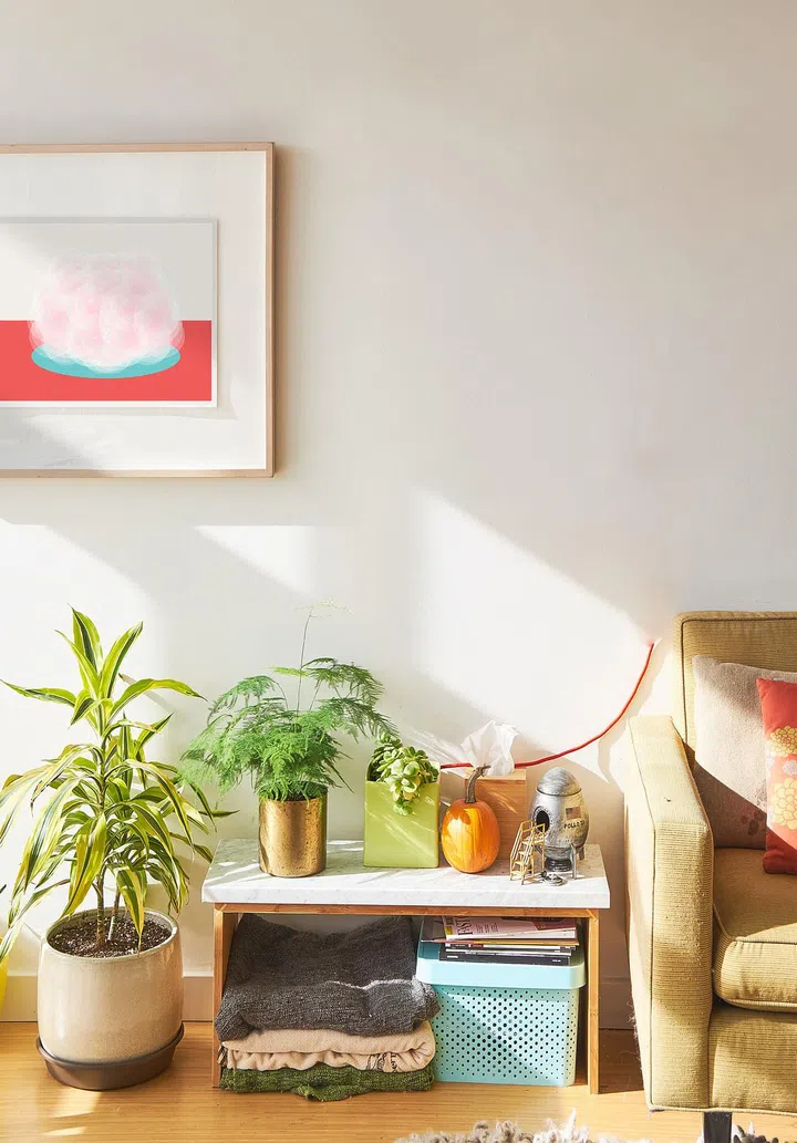 Artwork 'the other cheek' by artist Surat Tomornsak hanging on the wall next to a sofa and side table.