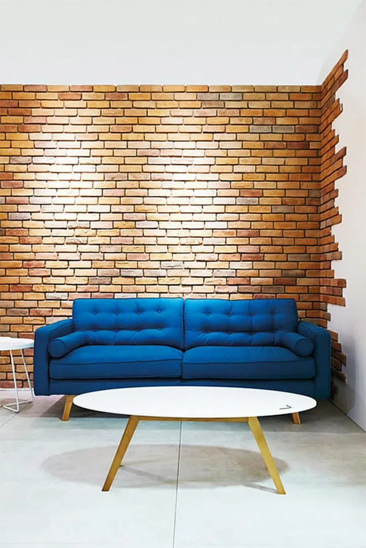 Exposed red bricks on display at the Hafary Eunos tiles showroom.