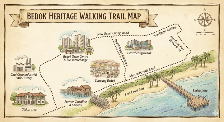 A drawing illustration of the Bedok heritage walking trail map.