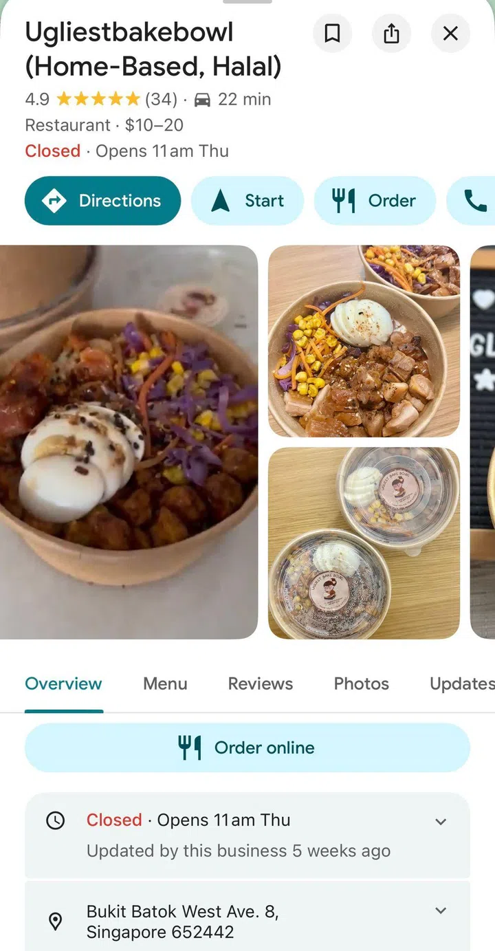 A nearby halal home-based rice bowl business called Ugliest Bake Bowl in Bukit Batok West Ave 8’s vicinity.