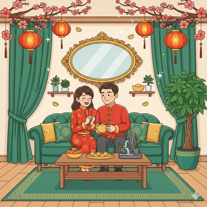 A cartoon drawing illustration of a HDB living room with emerald green and gold decor with a young couple celebrating Chinese new year.