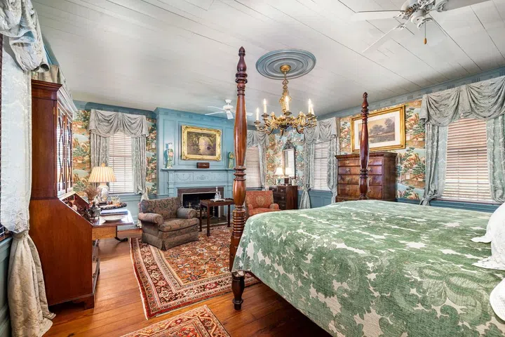Hardwood floors and a fireplace enhance the spacious primary bedroom.