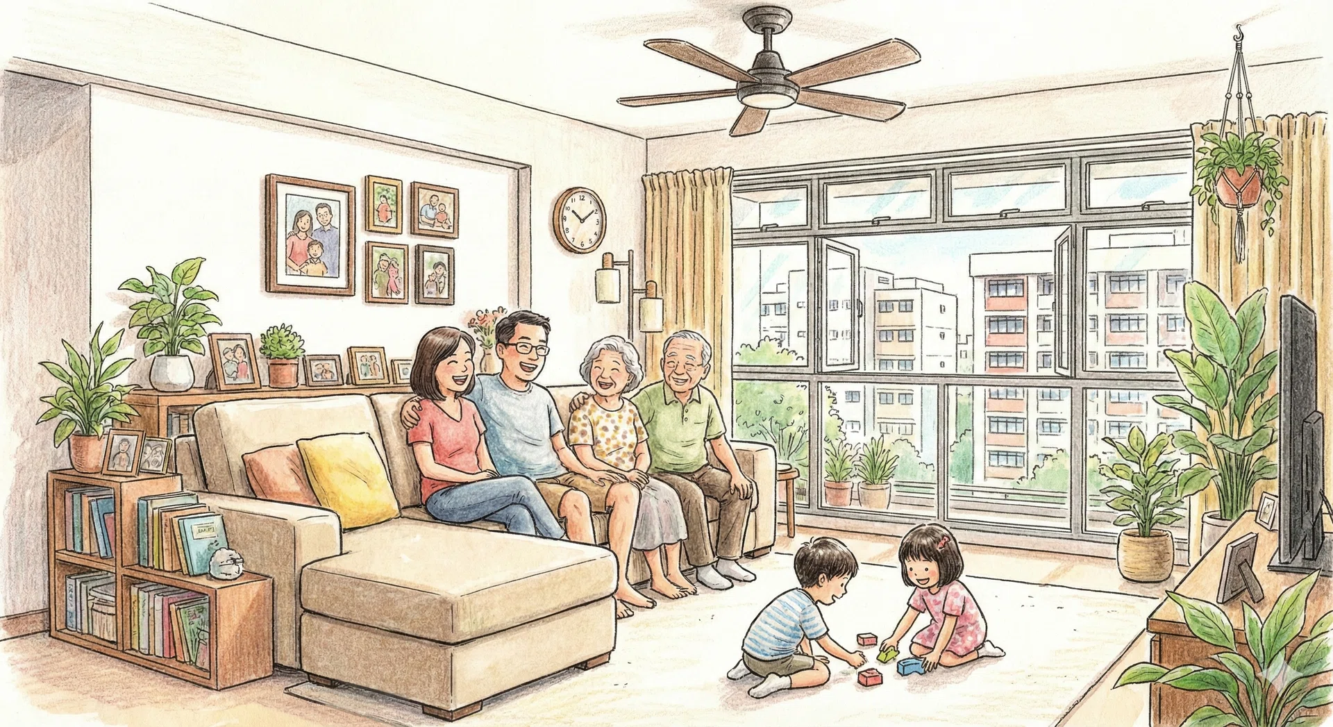 A drawing illustration of a couple and their elderly parents in a large 3Gen HDB flat living room.