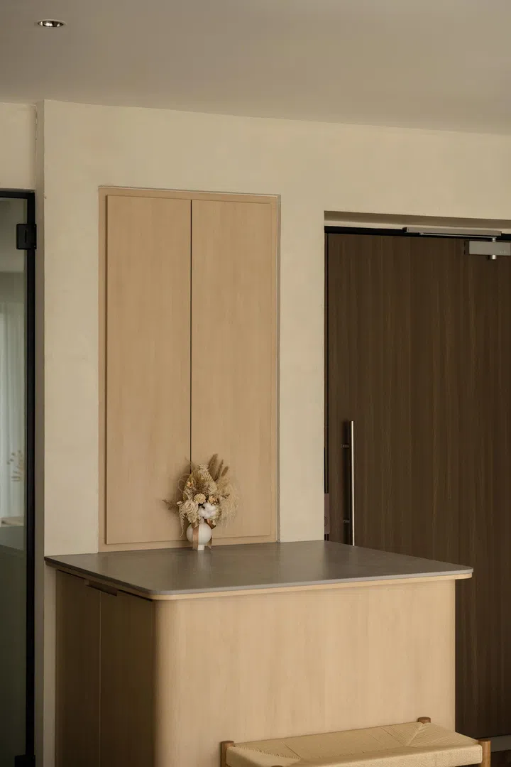 The home bar doubles as storage and covers the DB board behind it. 