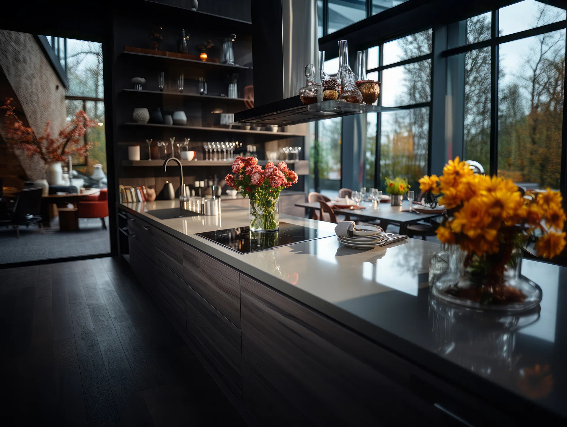 Modern gray and white kitchen with wooden shelves.