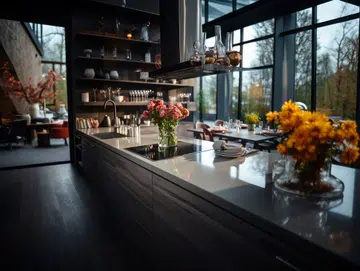 Modern gray and white kitchen with wooden shelves.