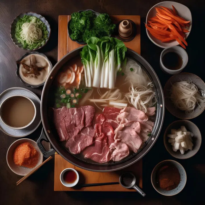 Shabu shabu, japanese hot pot steamboat with vegetables and side dishes. Photo 123RF