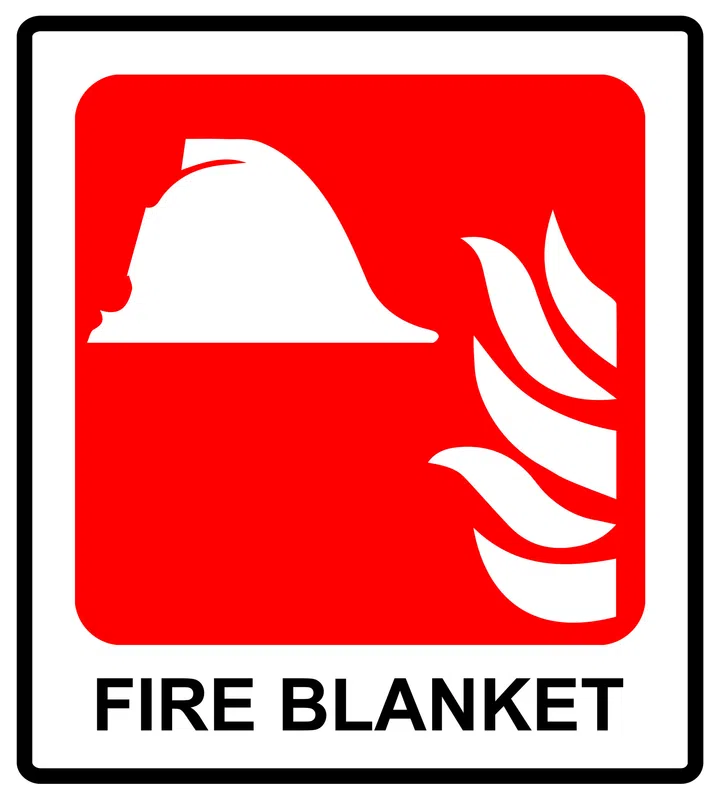 Signs of fire blanket sign. Vector Illustration Emergency symbol for public places. Red sticke label with text isolated on white.