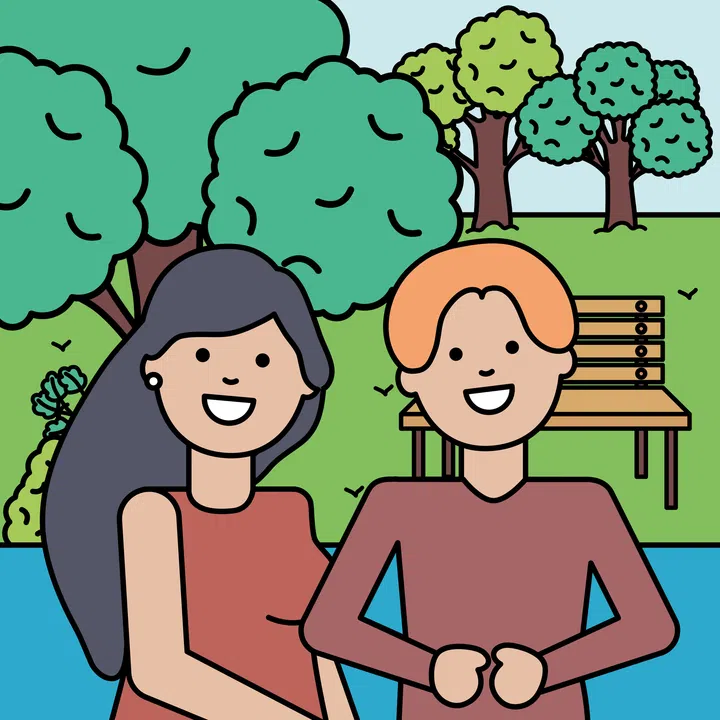 young lovers couple in the park vector illustration design