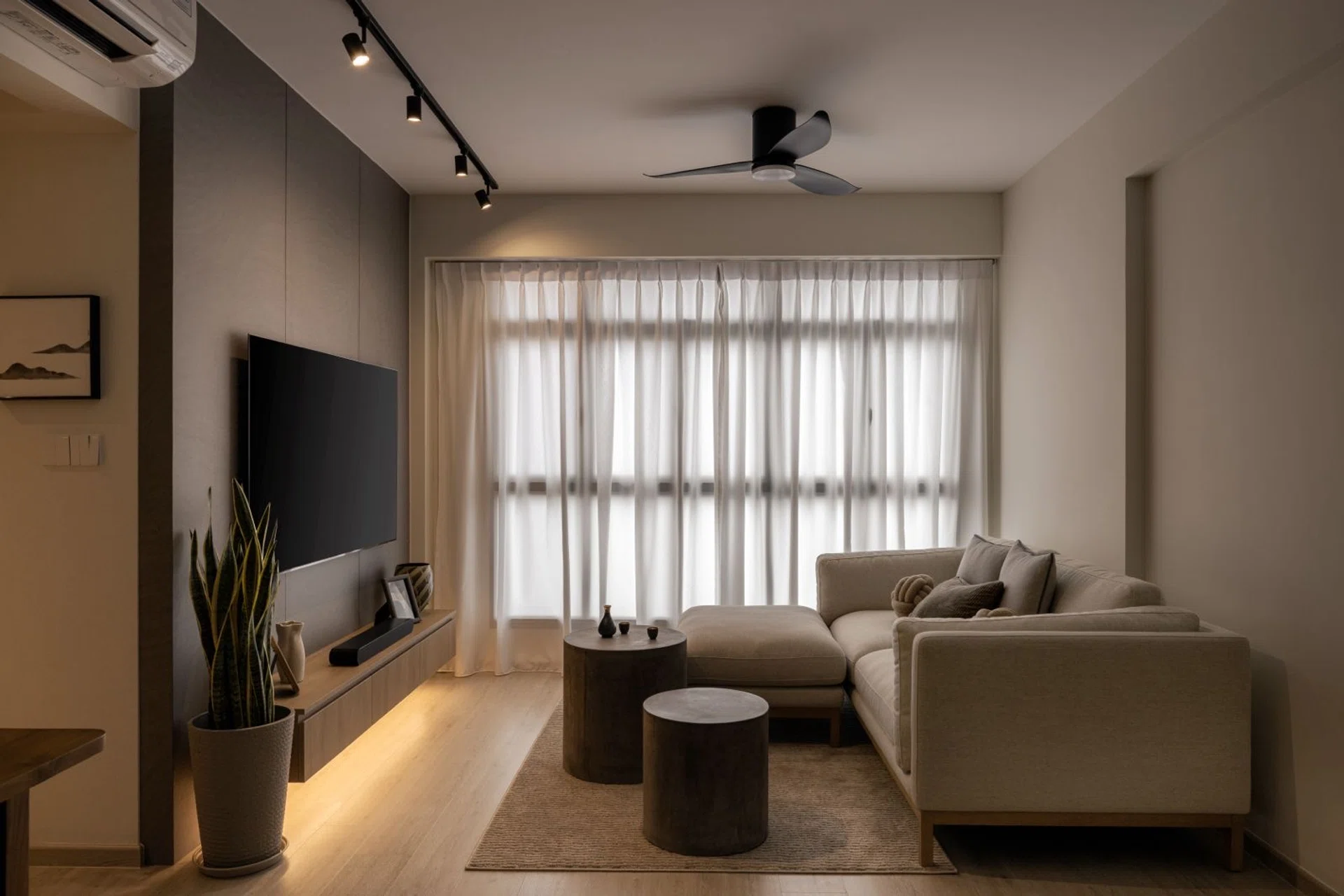 The living room flows in from the dining area. 