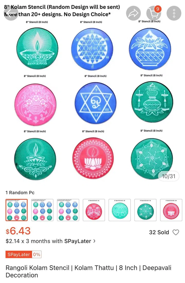 Kolam stencils are retailing on Shopee for approximately $6 a piece.