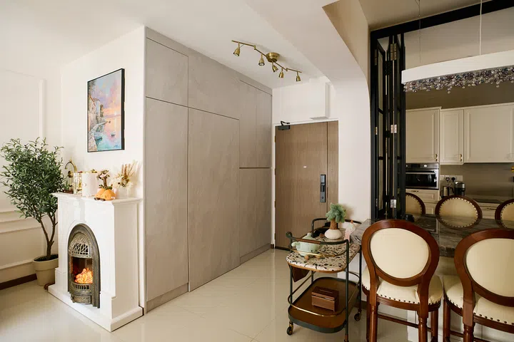 The electric fireplace has become the home’s favourite photo spot, where most guests gravitate toward.