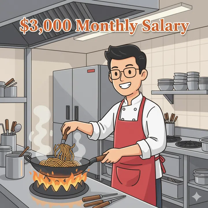 A cartoon drawing of a young Singaporean man cooking as a chef in a hawker kitchen. With the words “$3,000 Monthly Salary”.