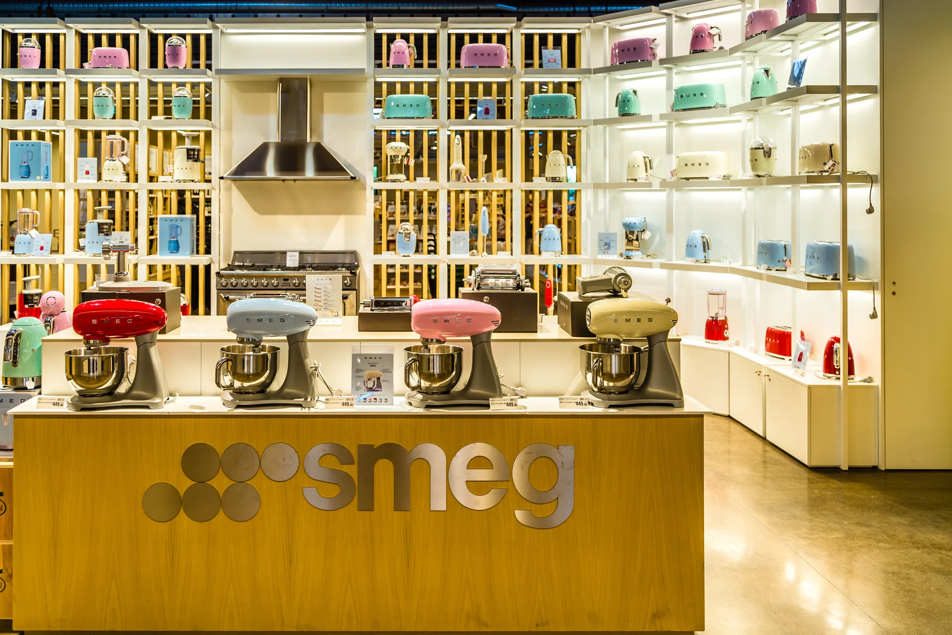 BOLOGNA, ITALY - OCTOBER 2, 2018: lights are enlightening SMEG appliances at FICO EATALY WORLD, the largest agri-food park in the world