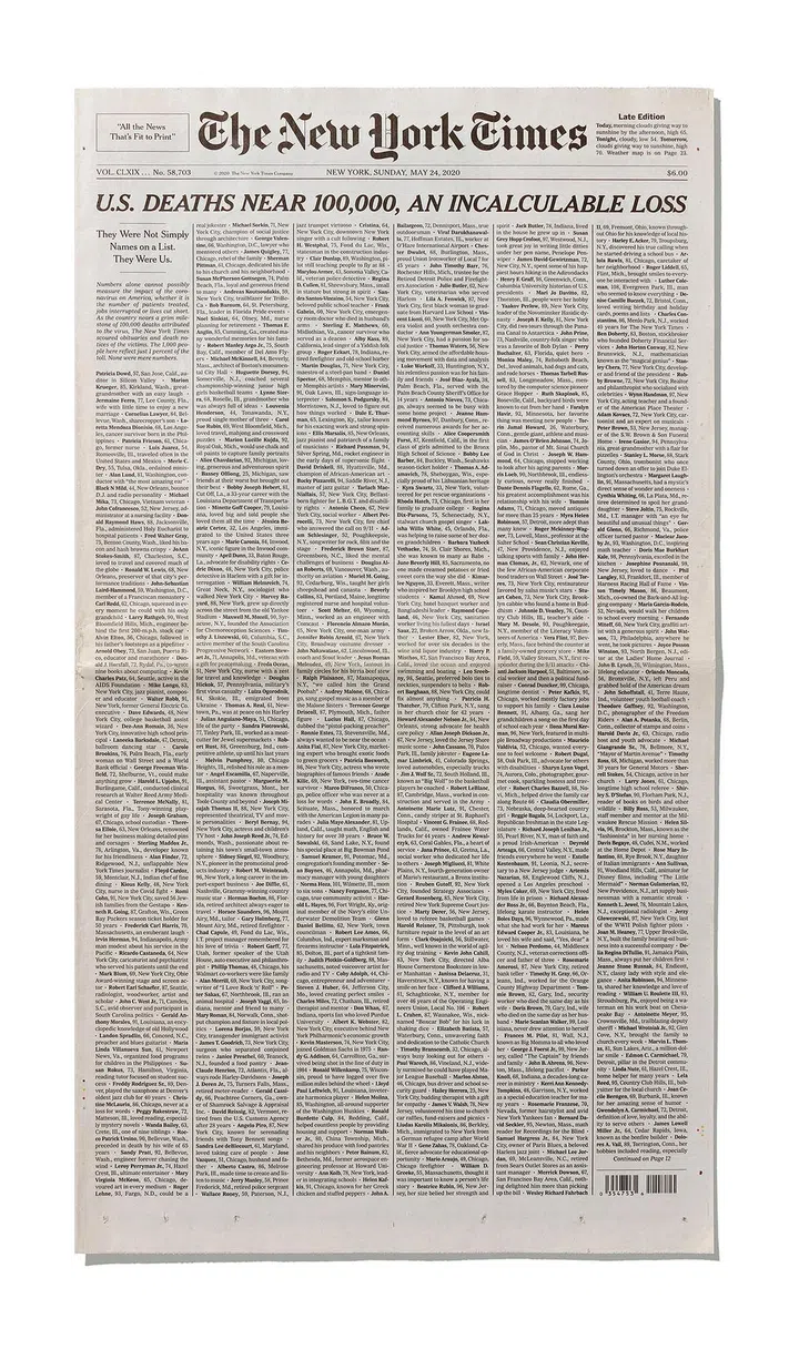 Sho Shibuya.
100,000. Sunday,
May 24th, 2020
305 x 559 mm /
12 x 22 in. Acrylic.
This was the day
the severity of
the pandemic
set in: 100,000
deaths in the
United States.