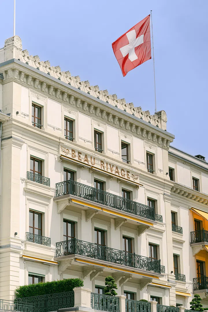 Hotel facade of the Beau-Rivage Palace in Lausanne, Switzerland.