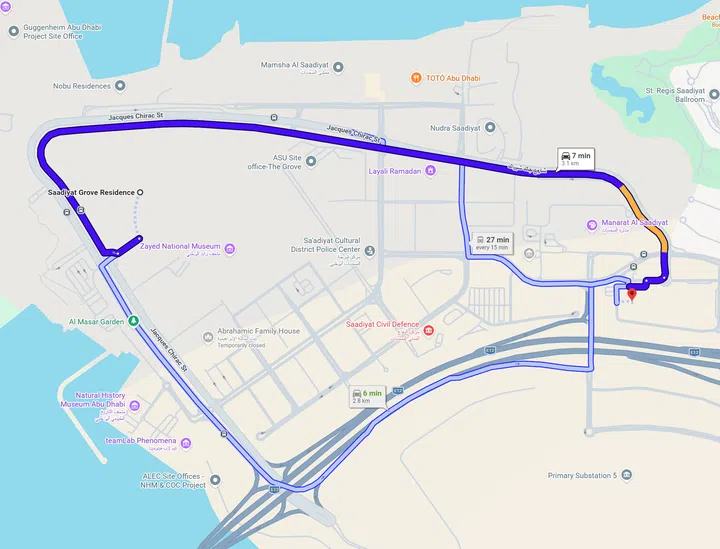 Saadiyat Grove in Abu Dhabi to Cranleigh Abu Dhabi is a 7-minute drive.