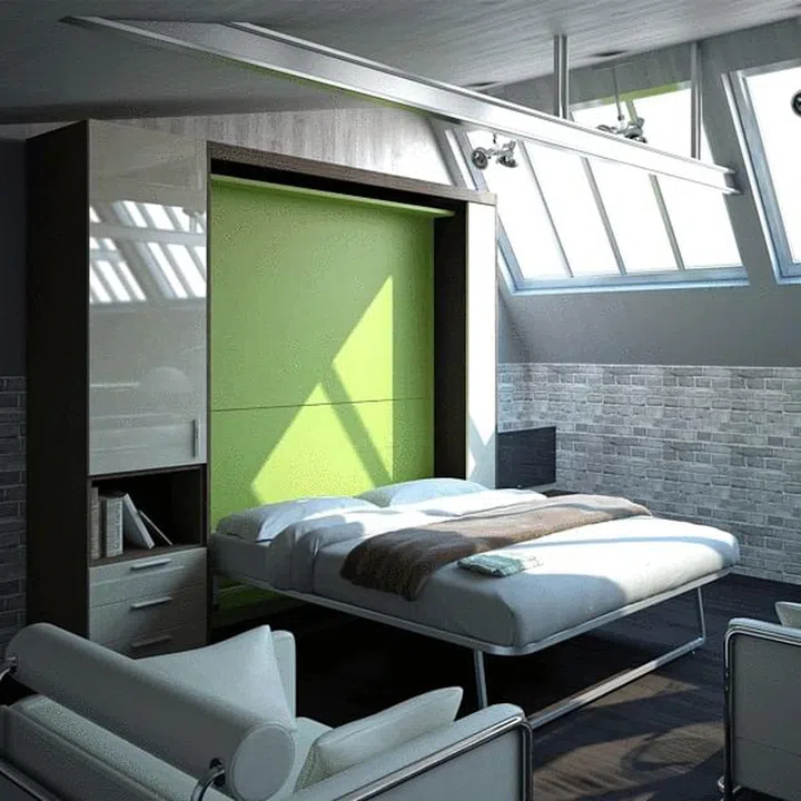 bookshelf, bed, murphy bed, space-saving