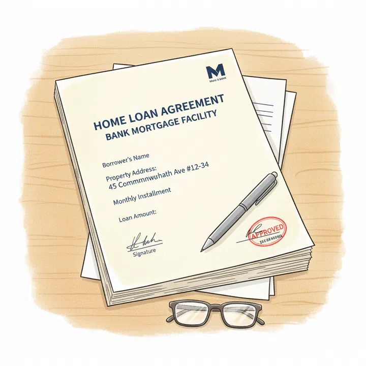 A drawing illustration of a bank loan for a mortgage.