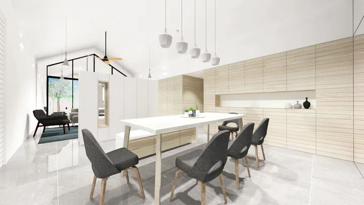 Interior designer’s rendering of the dining room for this 3-bedroom condominium in East Coast.