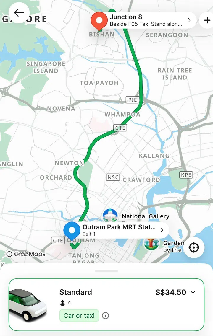 Screenshot of a Grab ride from Outram MRT Station to Junction 8 in Bishan at 6:30pm on a Thursday in April, 2026. The ride will cost you at least $34.50 before miscellaneous fees and ERP charges.