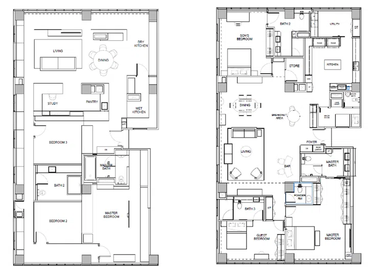 The old floor plan (left) vs the new floor plan (right) for a 3-bedroom condo in Orchard Scotts.
