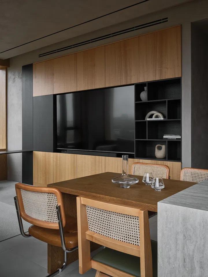 A massive feature of the living room is the custom-built TV console, designed with true intention. 