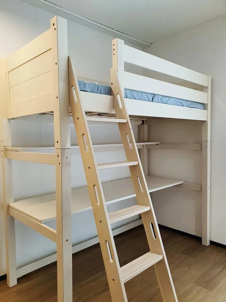 Oslo ModBed Ultra High Loft with Long Table and Shelf, available from KidsHaven.