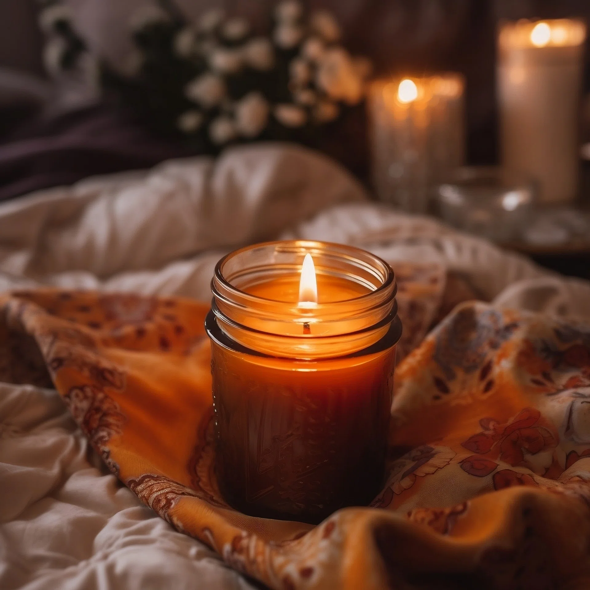 Aromatic Candle Burning on the Bed Generative AI