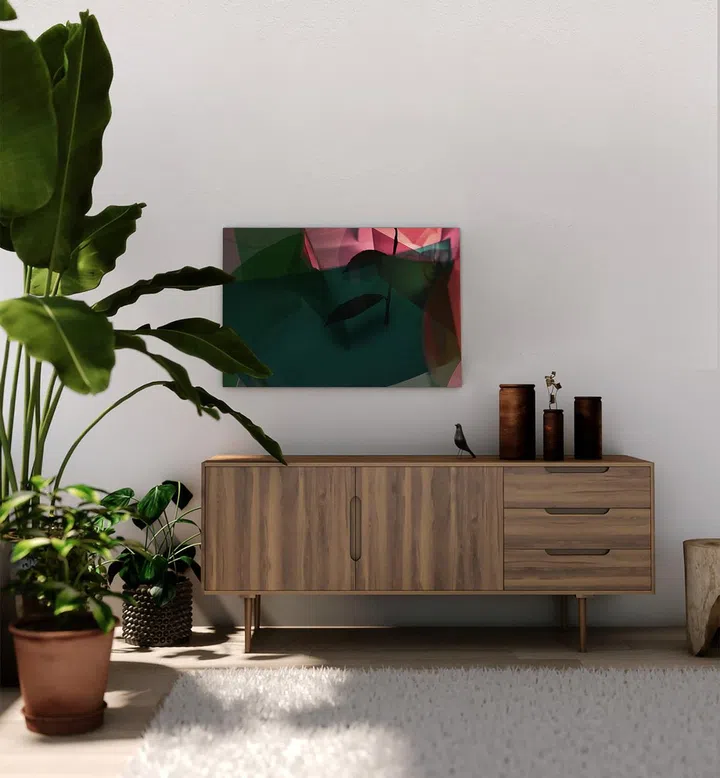 Artwork 'YHPTG#00001008' by artist Yao Hai hanging on a wall above a console. Photo from The Artling.