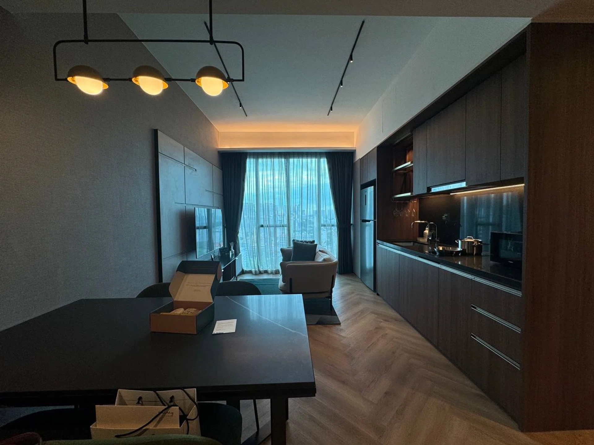 Overview of Quincy House's Two-Bedroom Deluxe living room and kitchenette spaces.