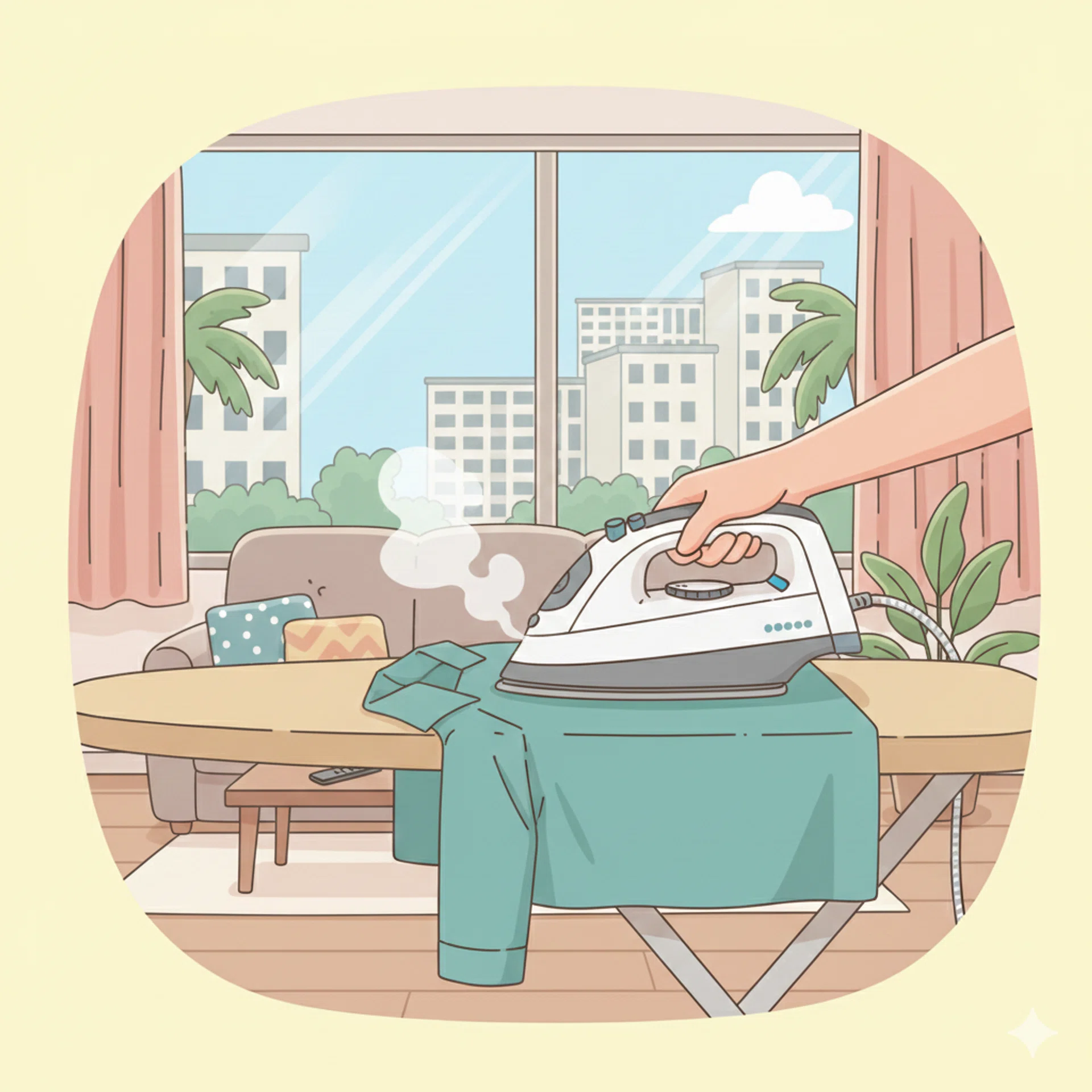 A cartoon drawing illustration of a steam iron in the living room of a HDB flat.