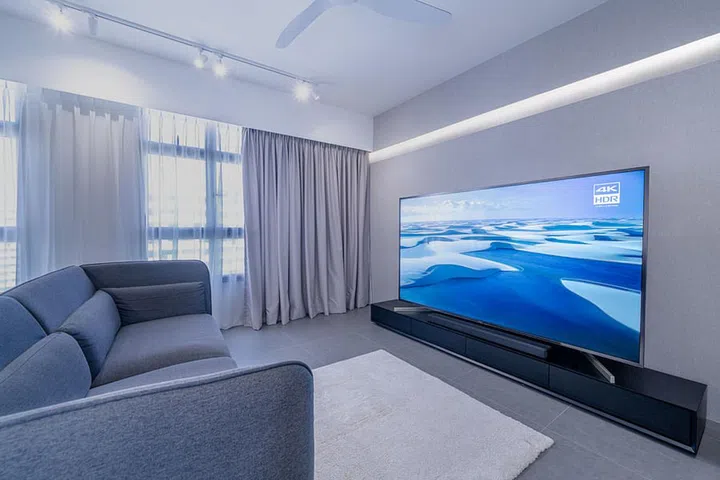 Large big screen TV by Sony Bravia in a living room