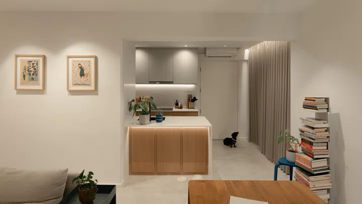 Kitchen view in architect Carnation Kng and her Portuguese husband, Lourenço Vaz Pinto’s 4-room resale HDB at Dawson Road.