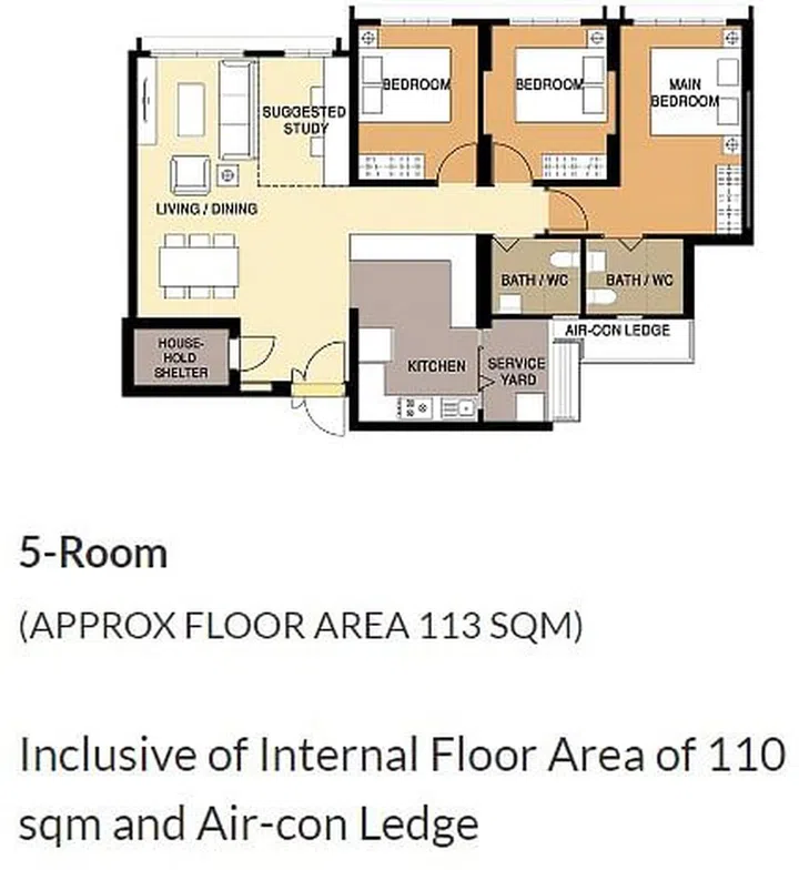 Fernvale Dew BTO 5-room floor plan, 113sqm. Image from HDB MyNiceHome.