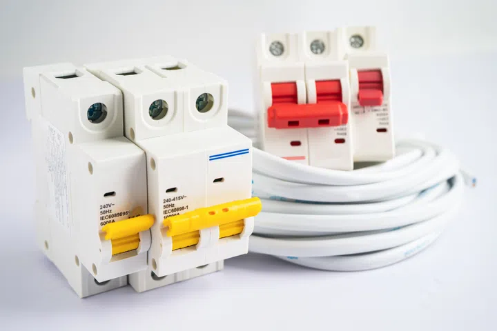 Automatic circuit breaker on white background, control and protect electrical power system.