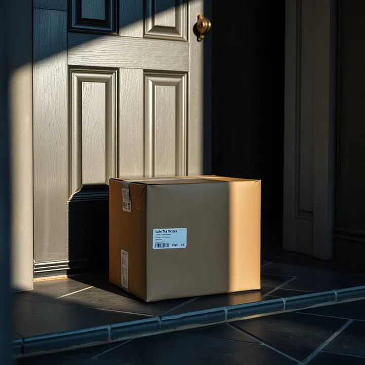 A cardboard box stands in front of a door. 3D rendering.